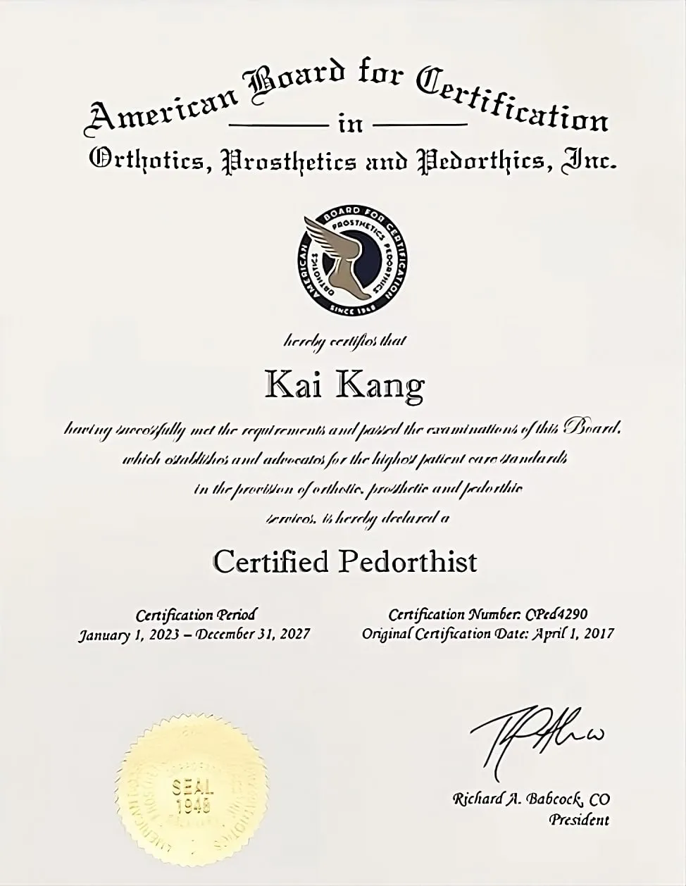 Karl Kang's ABC Certified Pedorthist certificate, number CPed4290
