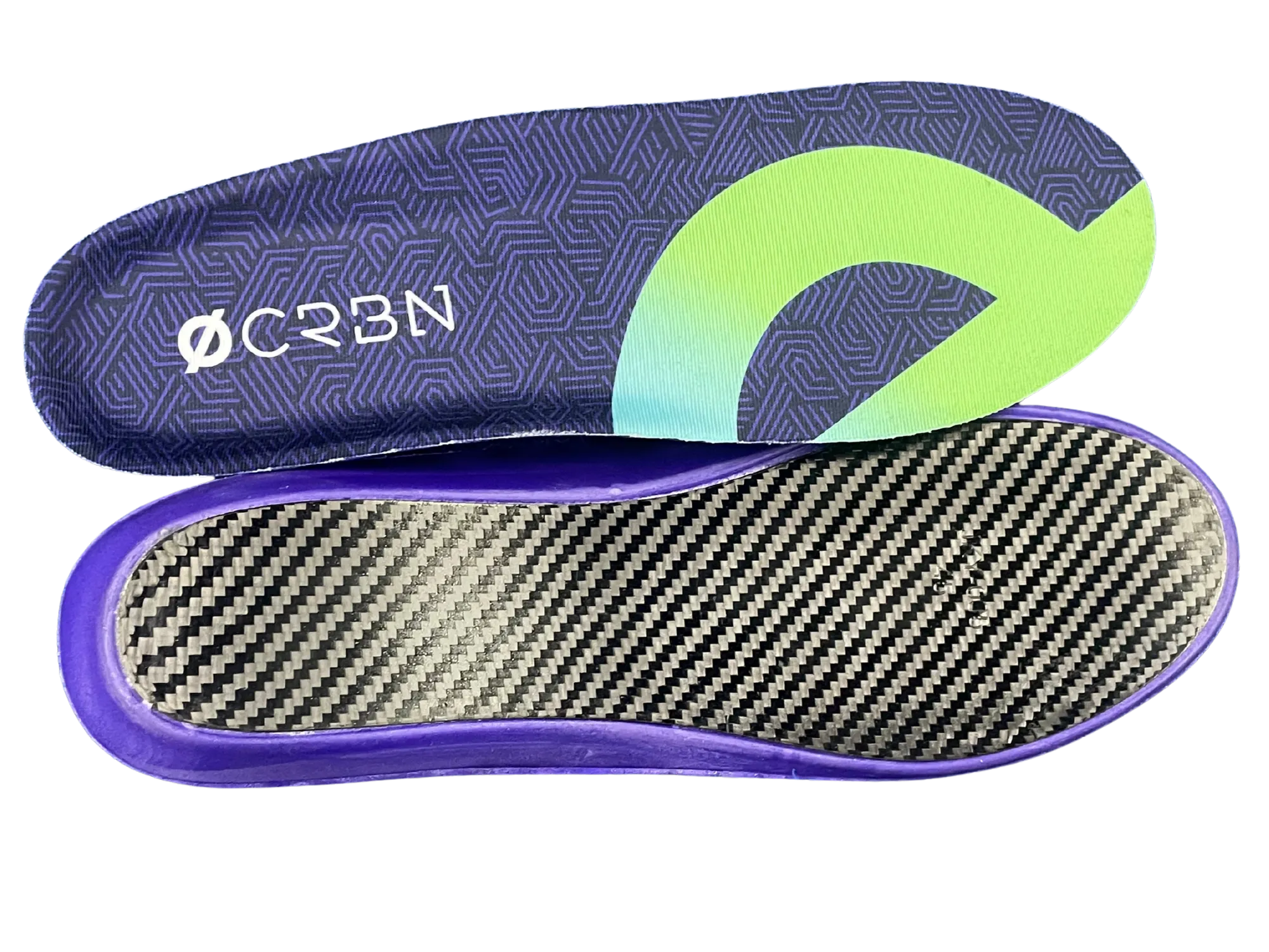A pair of CRBN V2 insoles: printed top sheet and full-length carbon fibre baseplate
