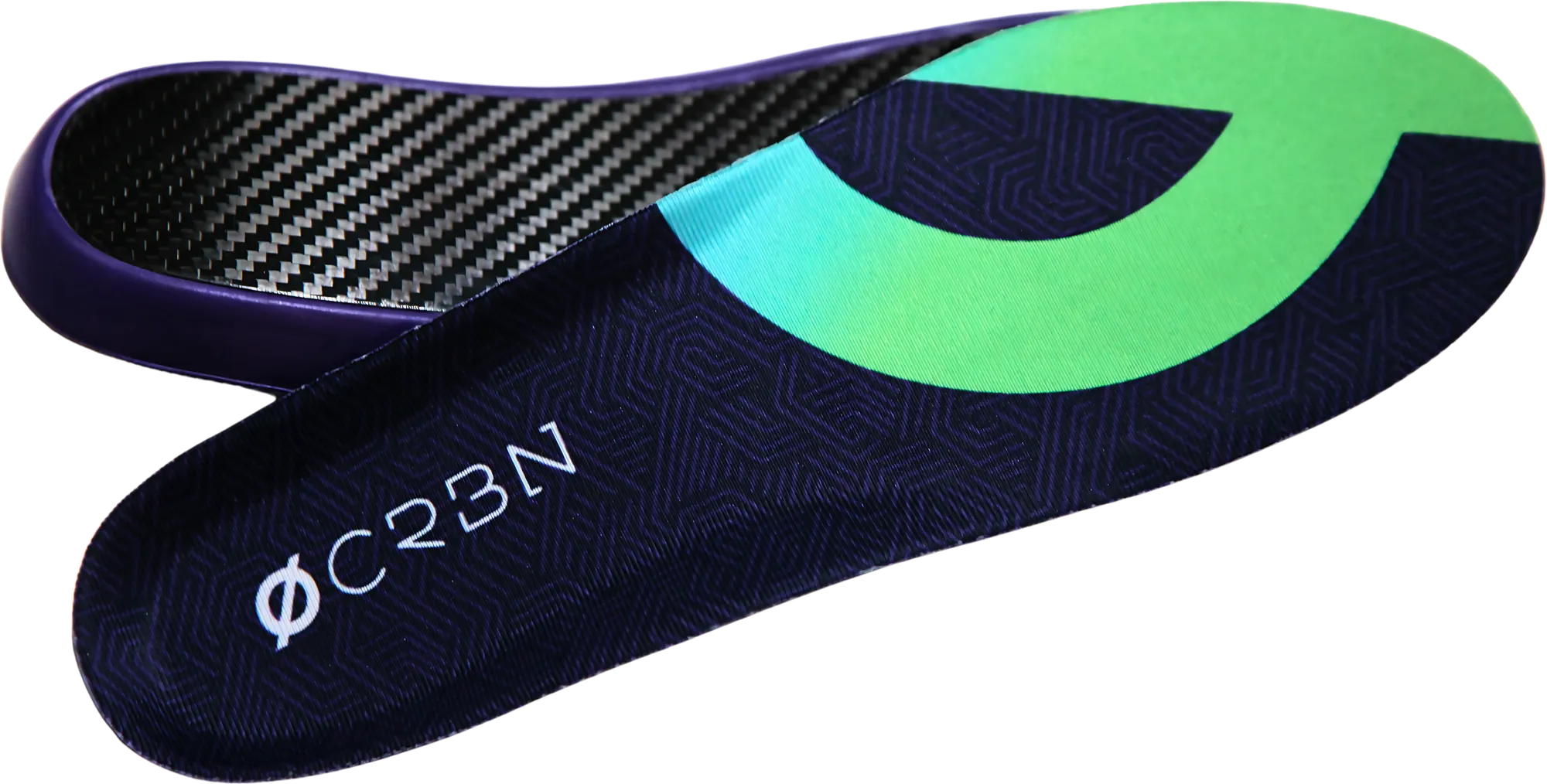 A pair of CRBN V2 insoles, printed top sheet and exposed carbon fibre baseplate